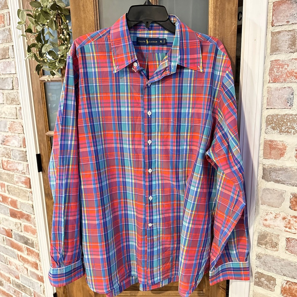 Ralph Lauren Mens XL Plaid Button Down Shirt Orange Blue Multi‎ Color Cotton